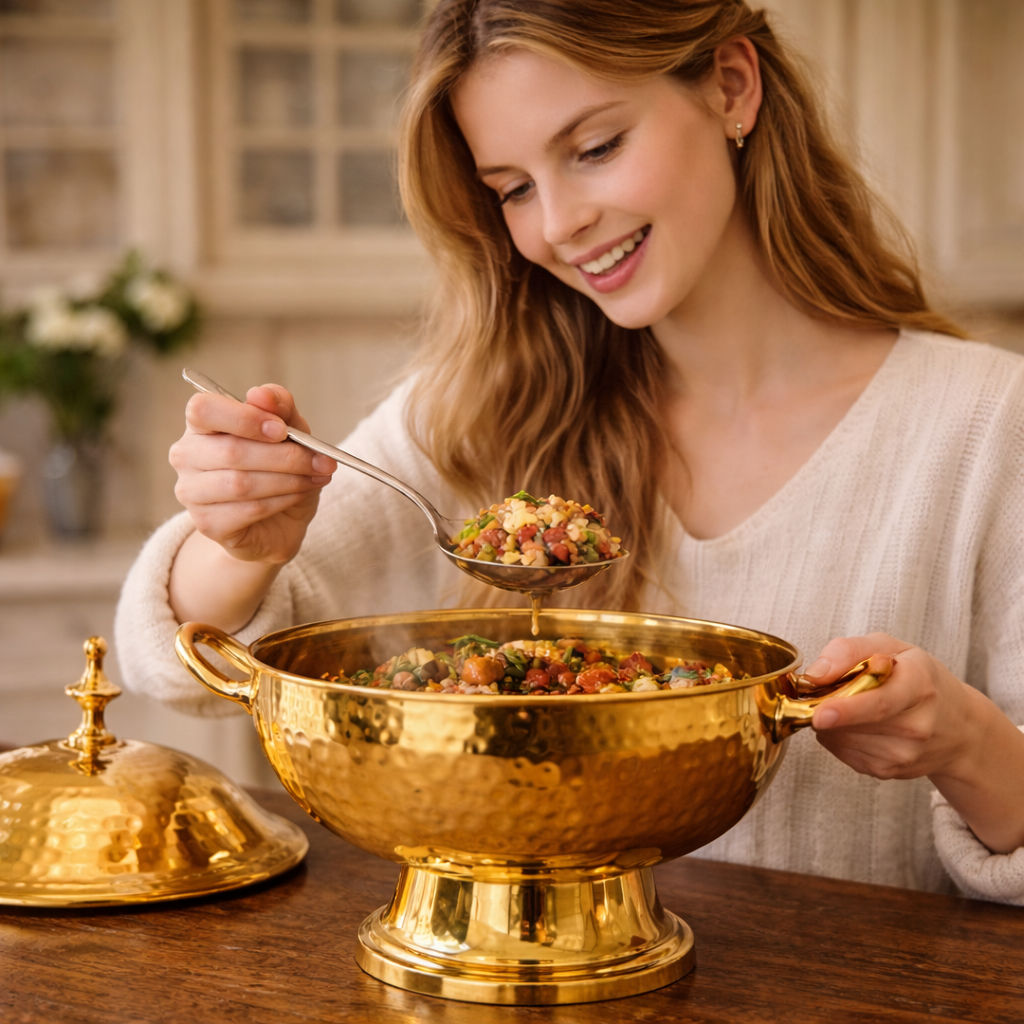Handmade Pure Brass Casserole Donga with Bottom, Hammered Design, Serveware, Tableware - 2100 ML